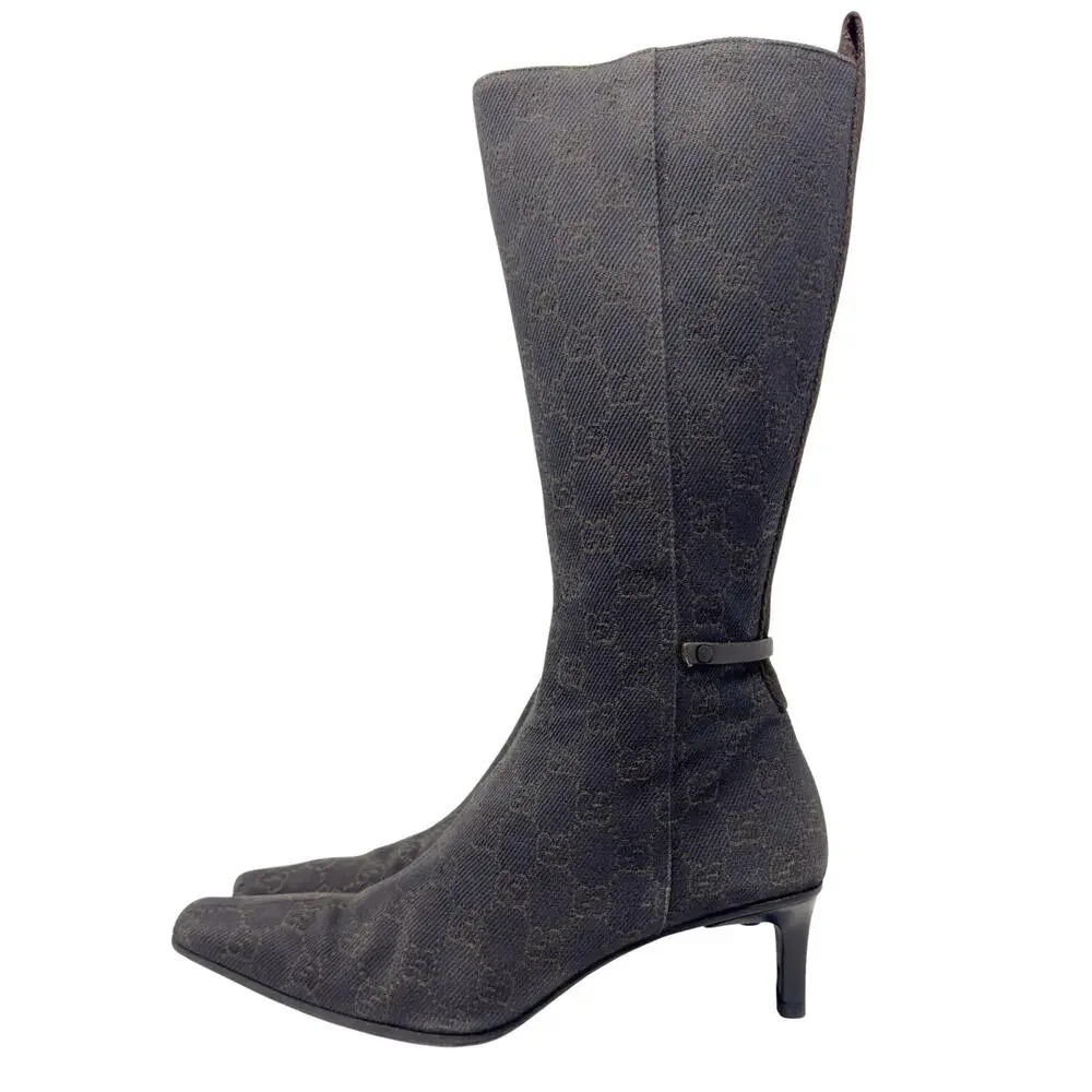 Gucci Boots Knee High Tall Brown Monogram GG‎ Logo Western Cowboy Heels 37.5
